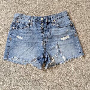 WE THE PEOPLE Blue Denim High Rise Distressed Button-Fly Jean Shorts; Size 30